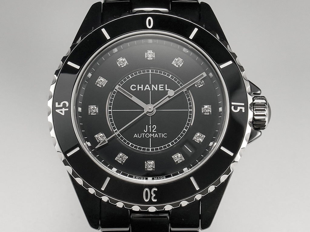 J12 Date Automatic Black Ceramic Diamond Numerals Black Dial Black Steel Hands