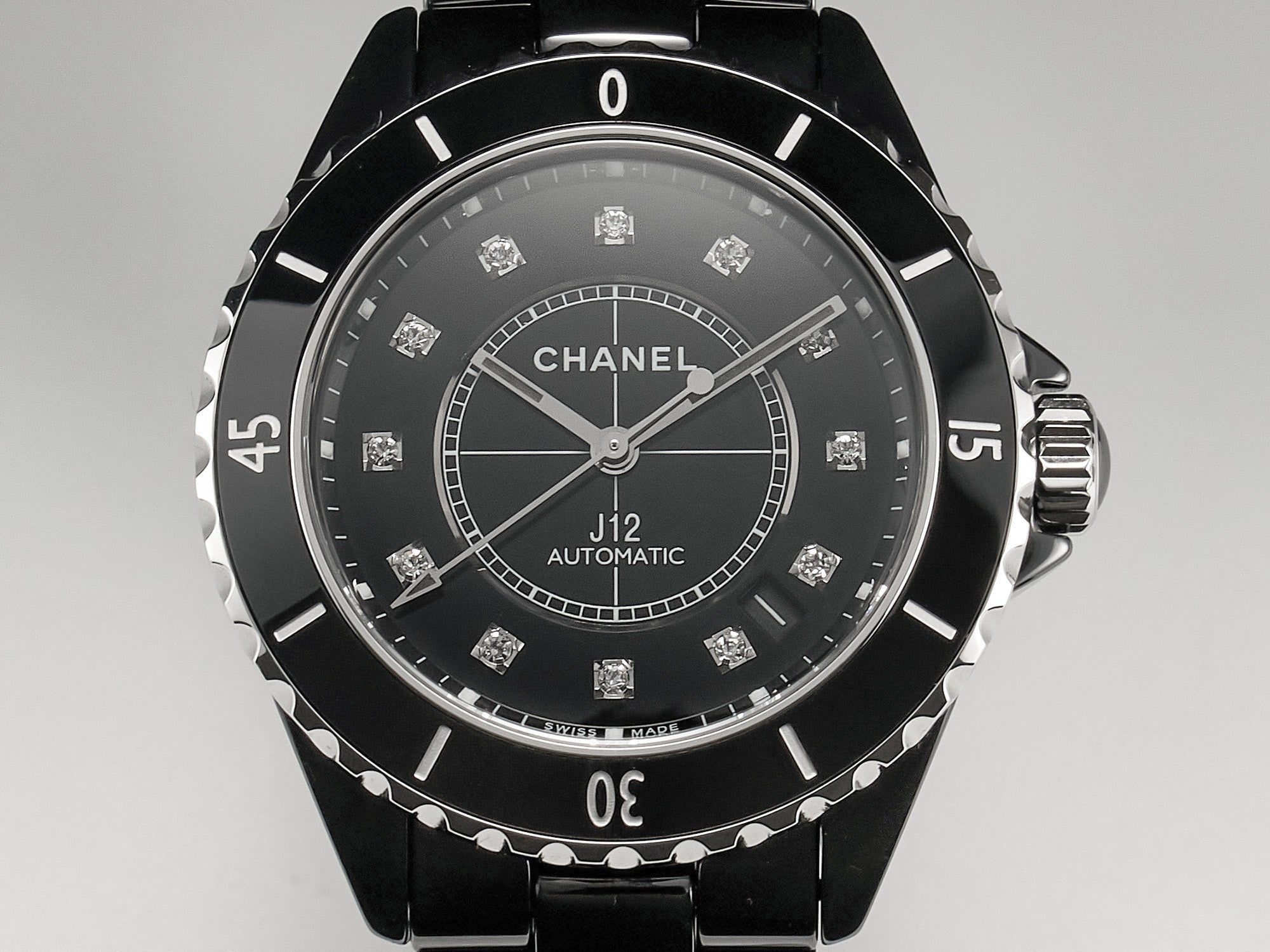 J12 Date Automatic Black Ceramic Diamond Numerals Black Dial Black Steel Hands