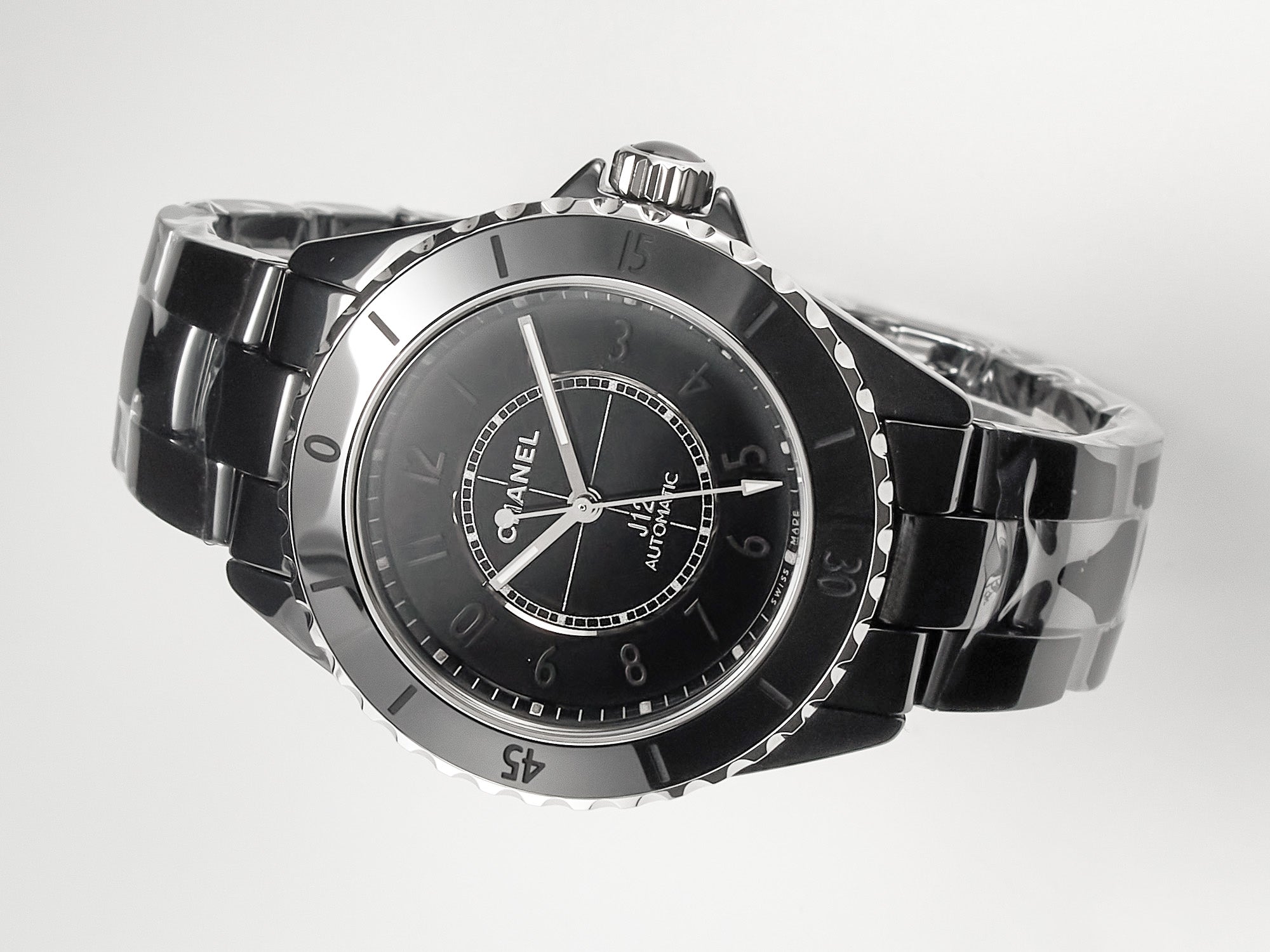 J12 Automatic Black Ceramic Black Numerals Black Dial White Steel Hands