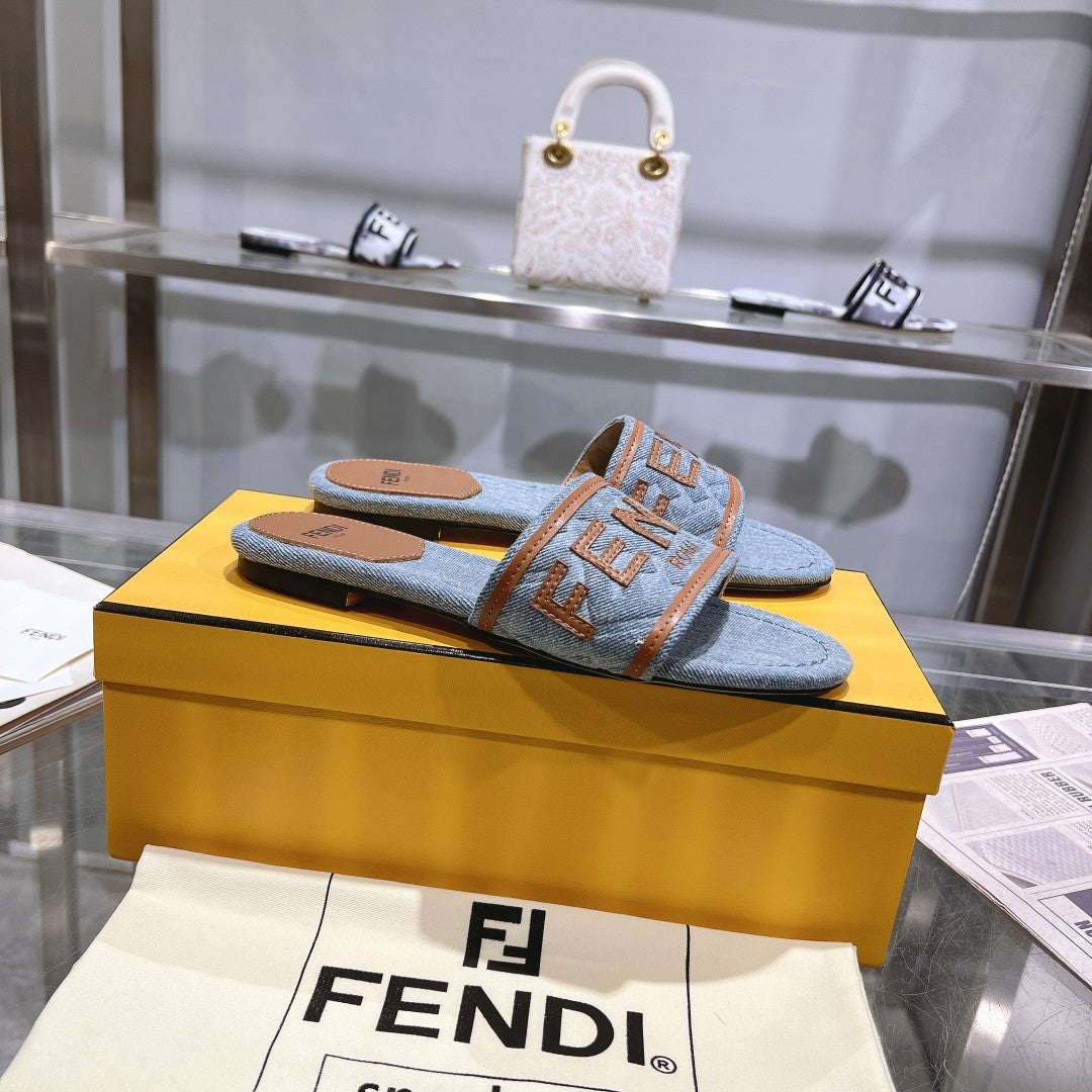 FF Women Signature Slides Tan Denim Canvas Slide