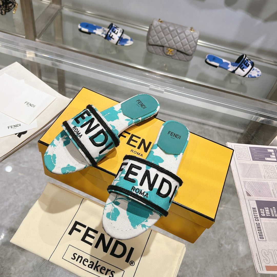 FF Women Signature Slides Turquoise White Canvas Slide