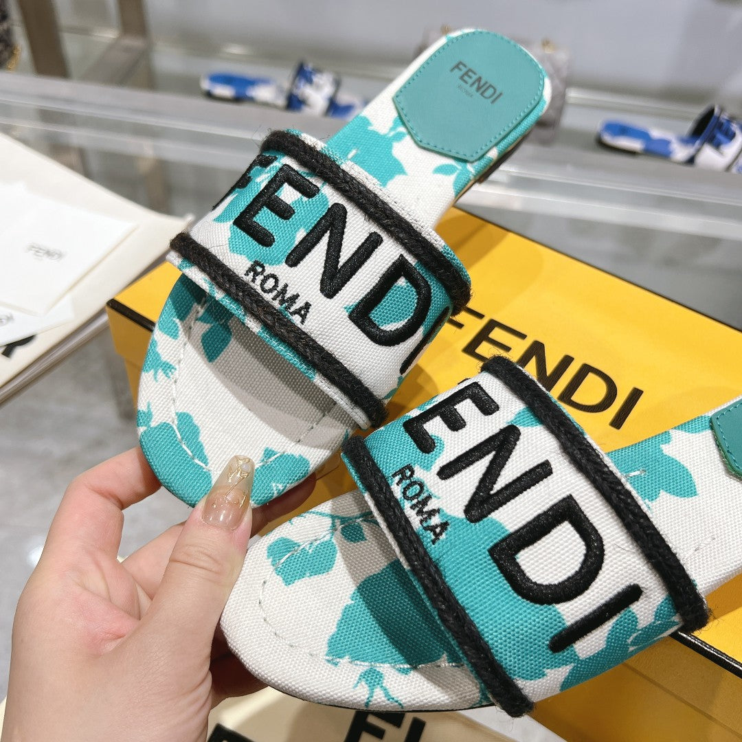 FF Women Signature Slides Turquoise White Canvas Slide