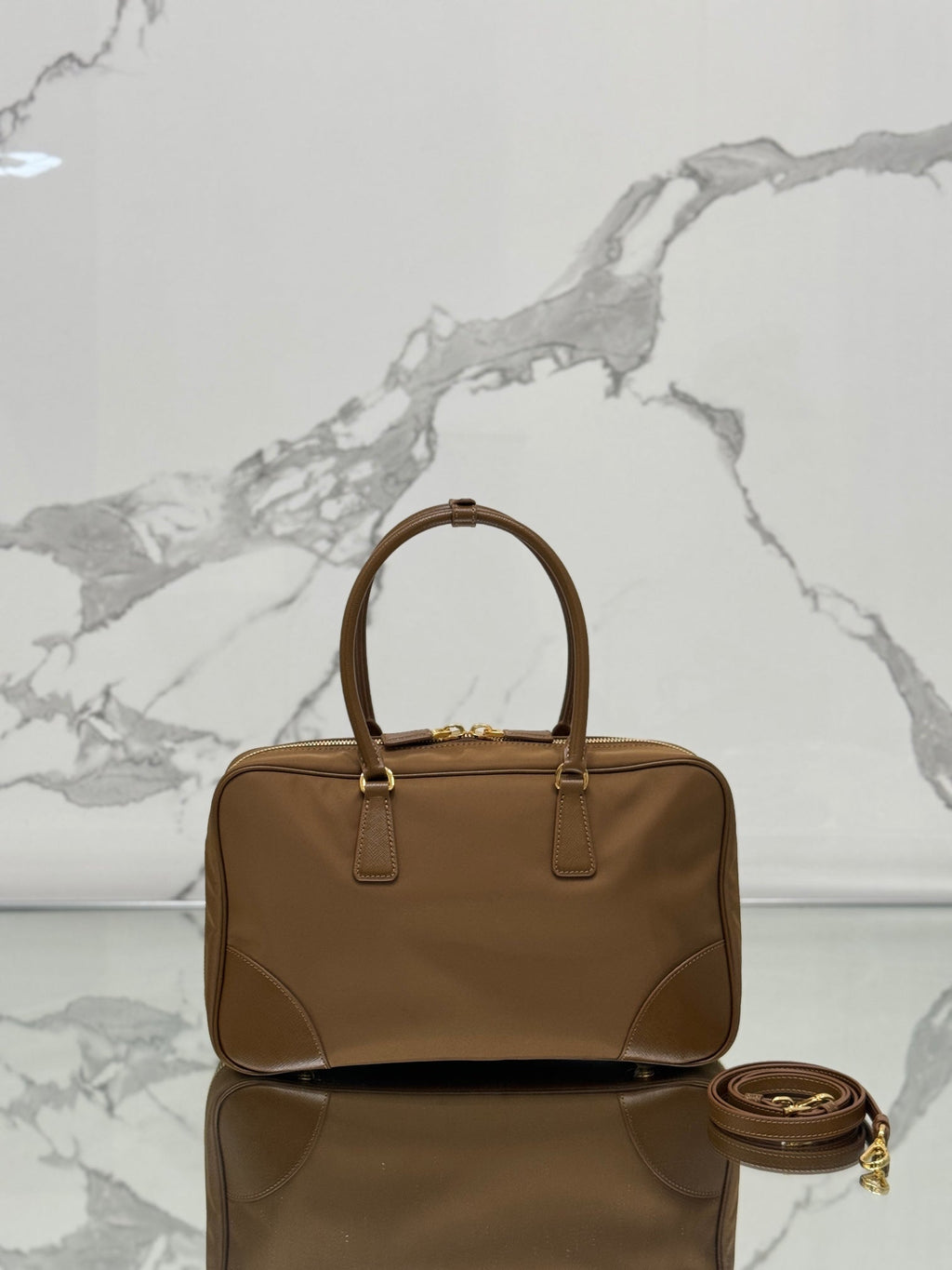 LARGE TOP HANDLE BAG 35 IN CHERRY WOOD NYLON AND CALFSKIN TRIM