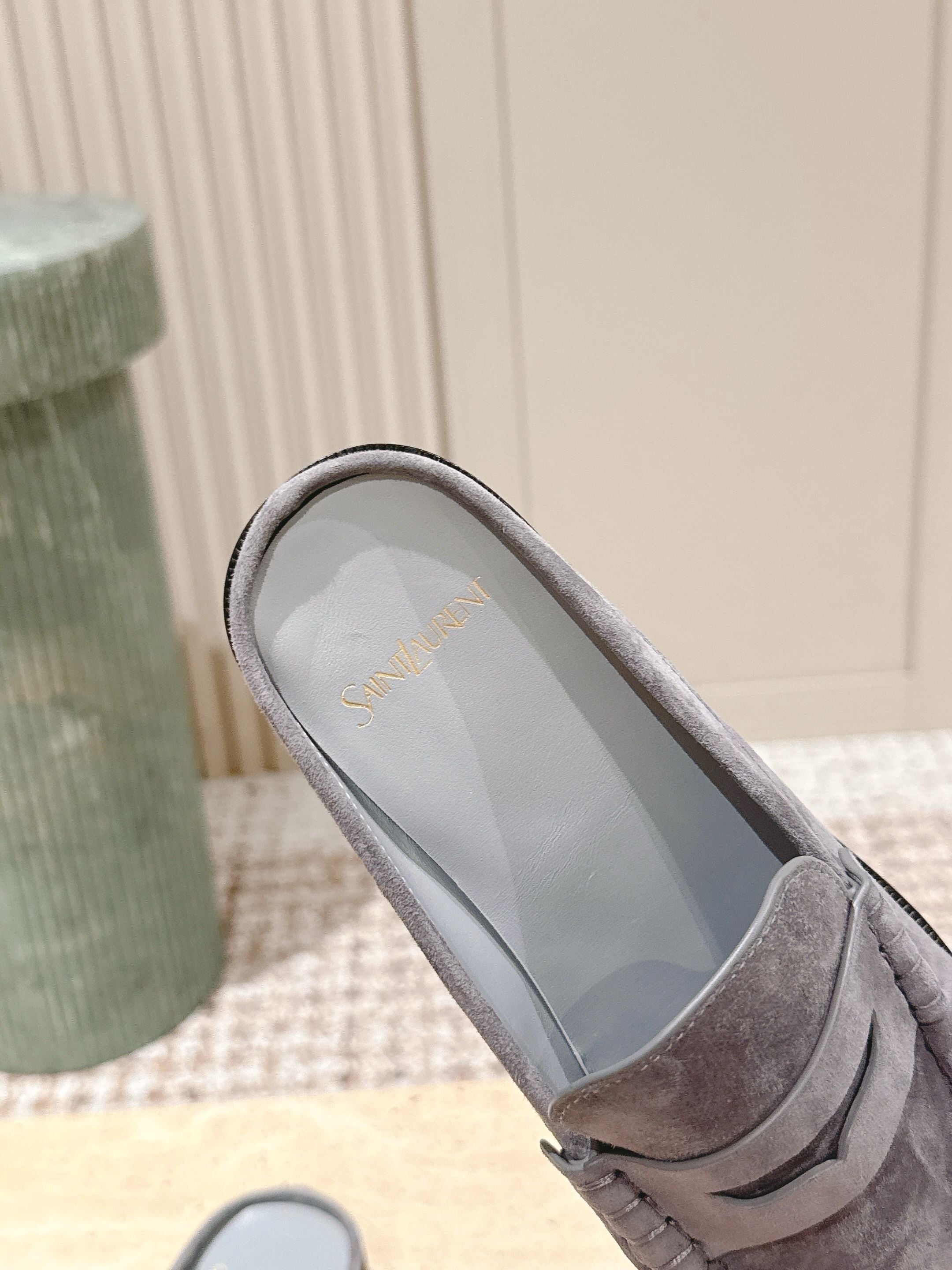 YSL 25S LOAFER MULE IN GRAY SUEDE