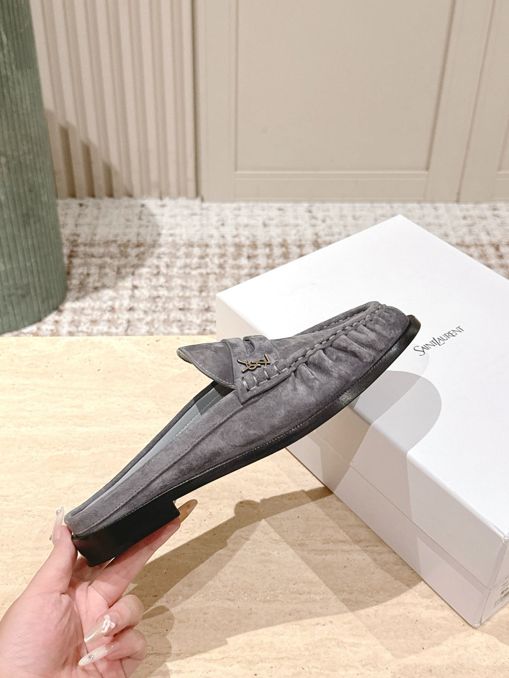 YSL 25S LOAFER MULE IN GRAY SUEDE