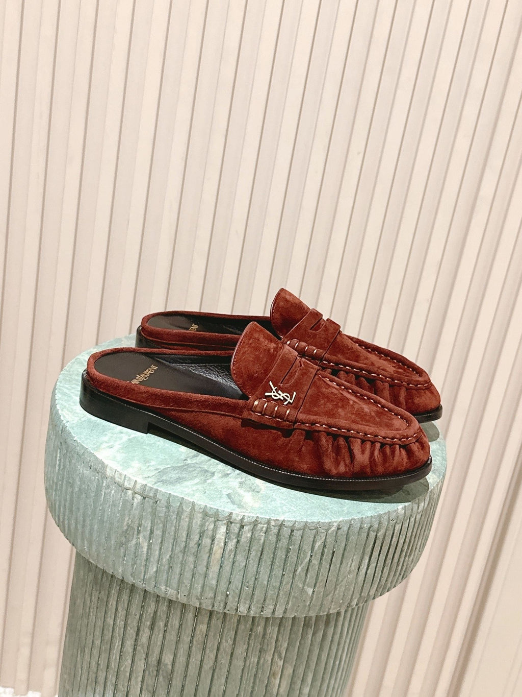 YSL 25S LOAFER MULE IN DARK BRICK RED SUEDE