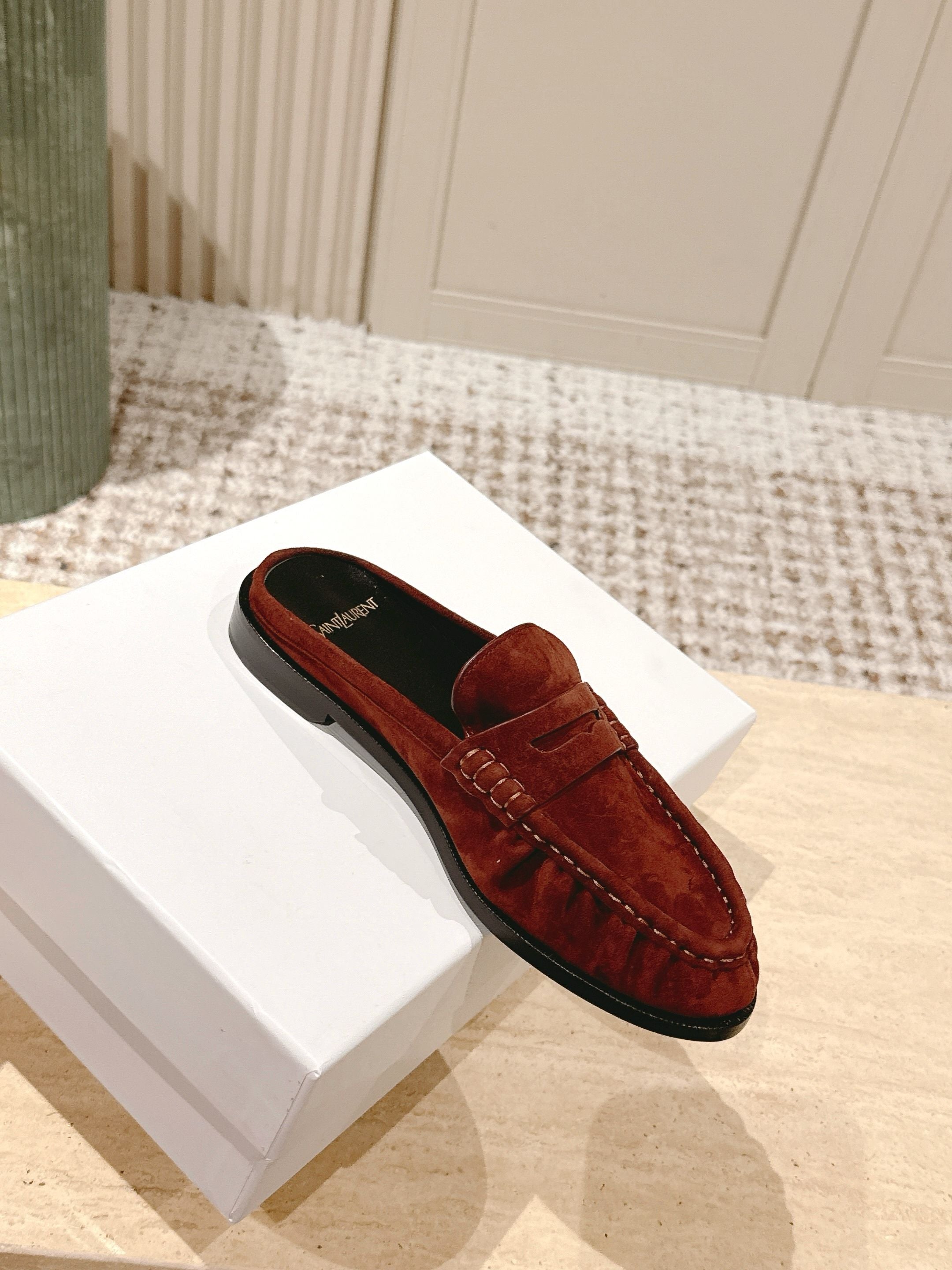 YSL 25S LOAFER MULE IN DARK BRICK RED SUEDE