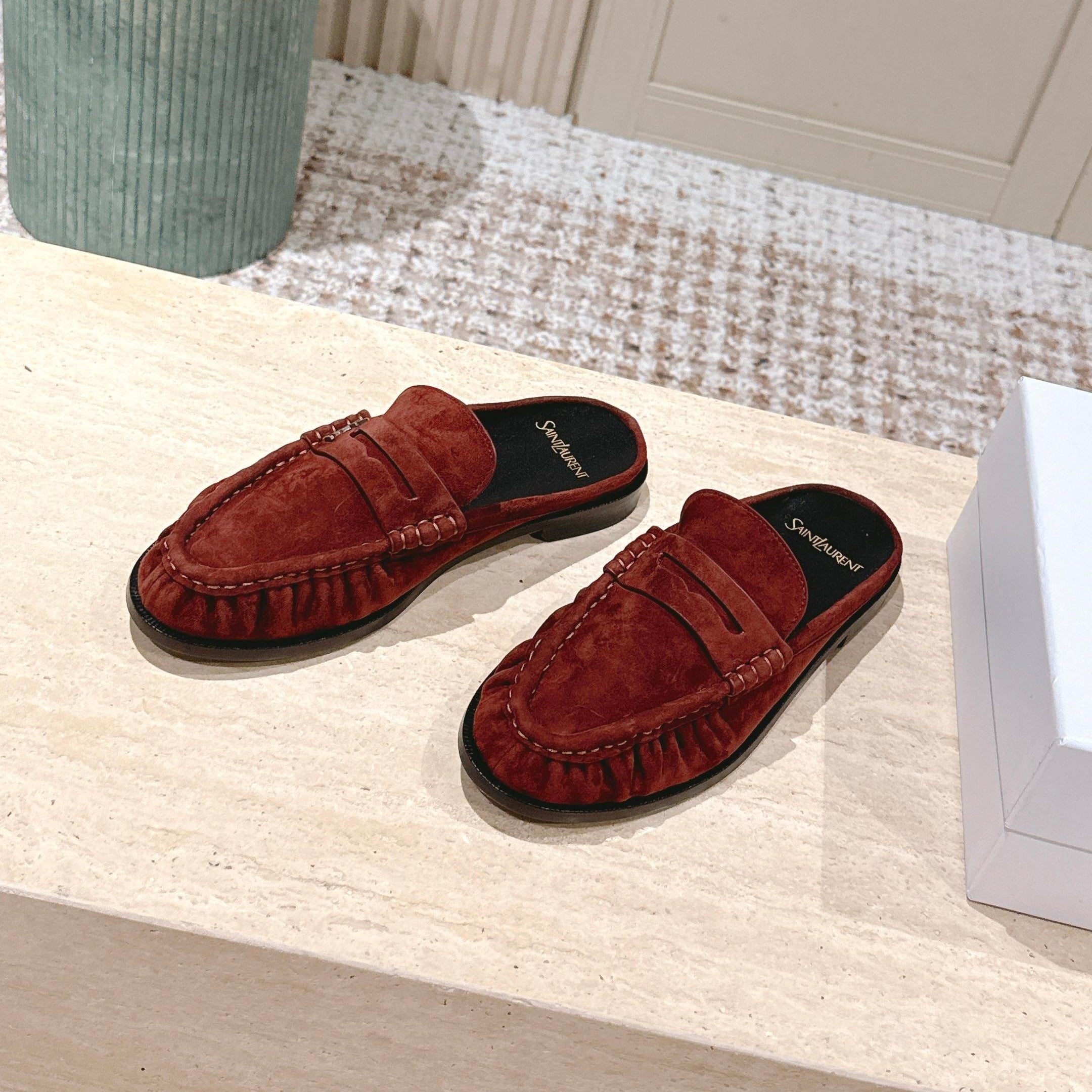 YSL 25S LOAFER MULE IN DARK BRICK RED SUEDE