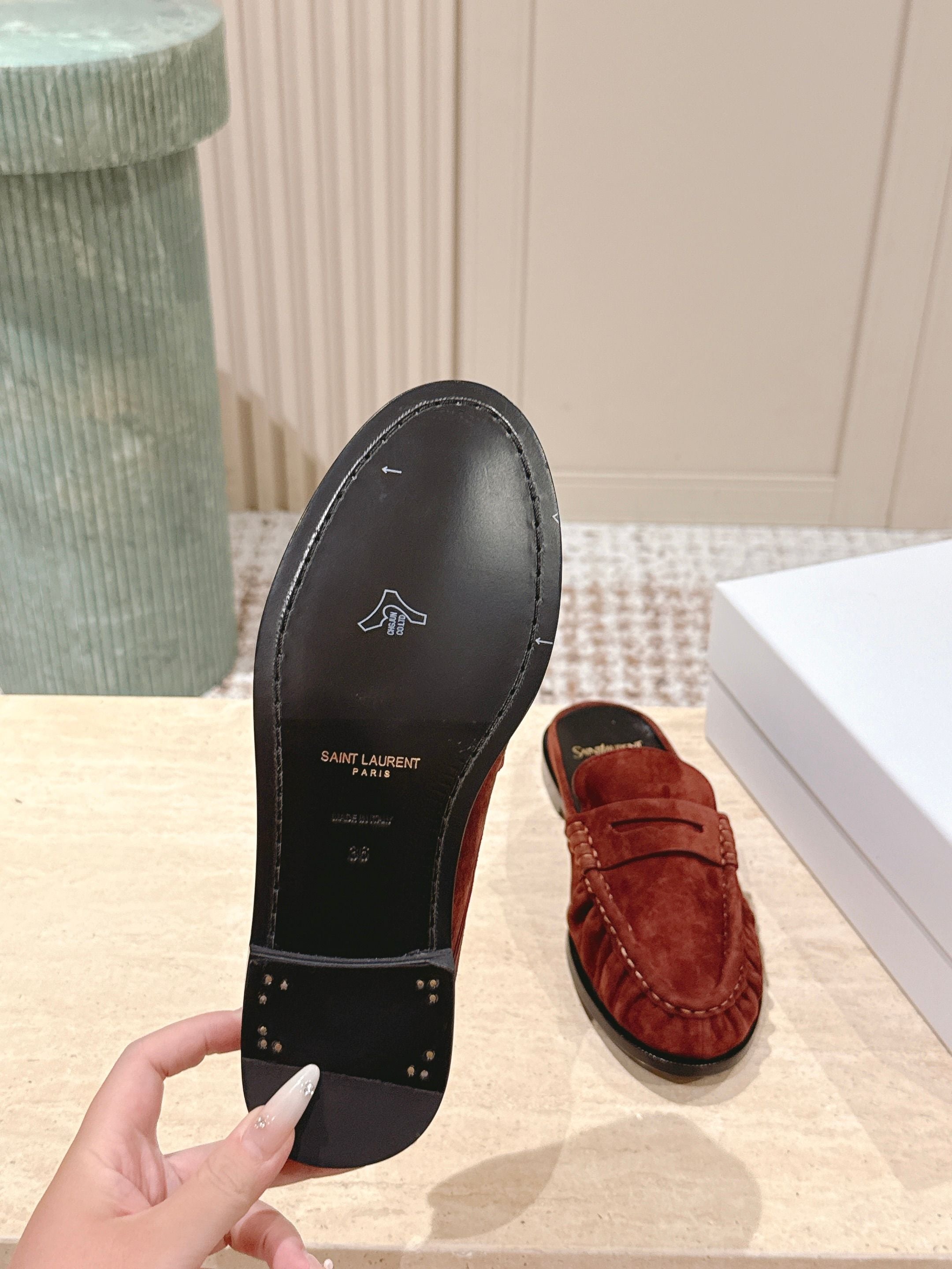 YSL 25S LOAFER MULE IN DARK BRICK RED SUEDE