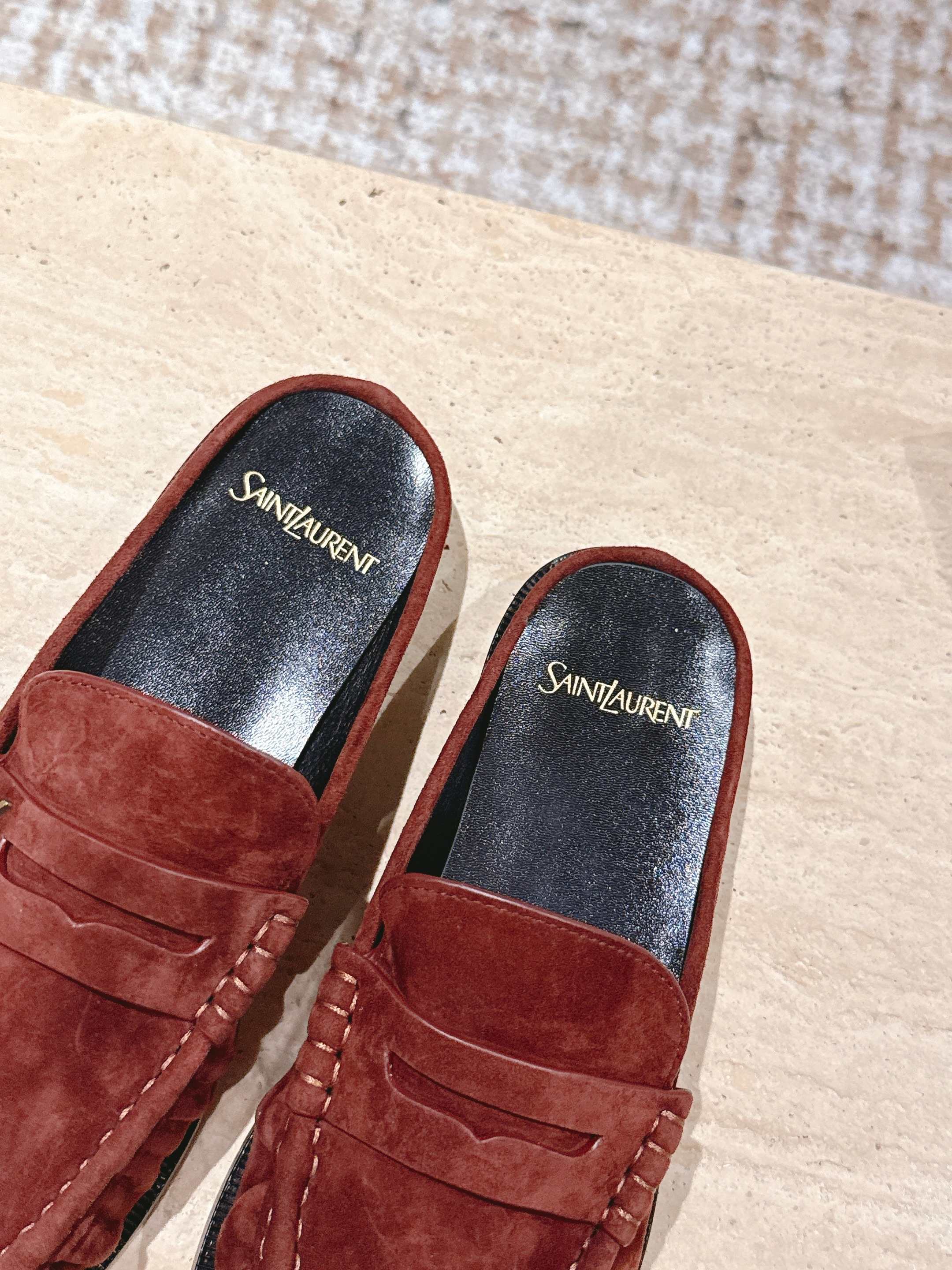 YSL 25S LOAFER MULE IN DARK BRICK RED SUEDE