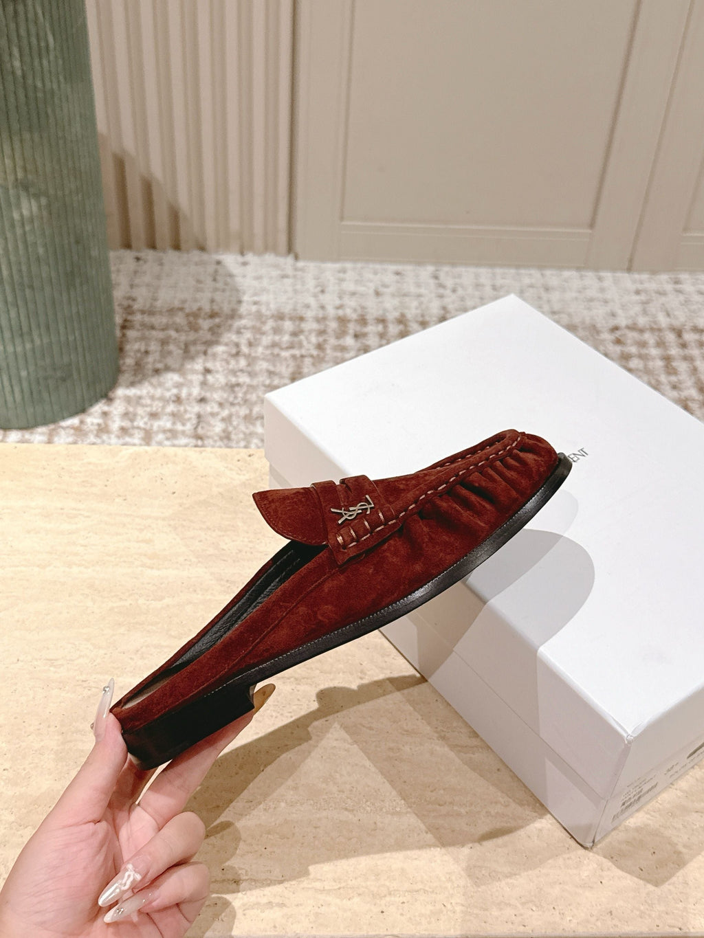 YSL 25S LOAFER MULE IN DARK BRICK RED SUEDE