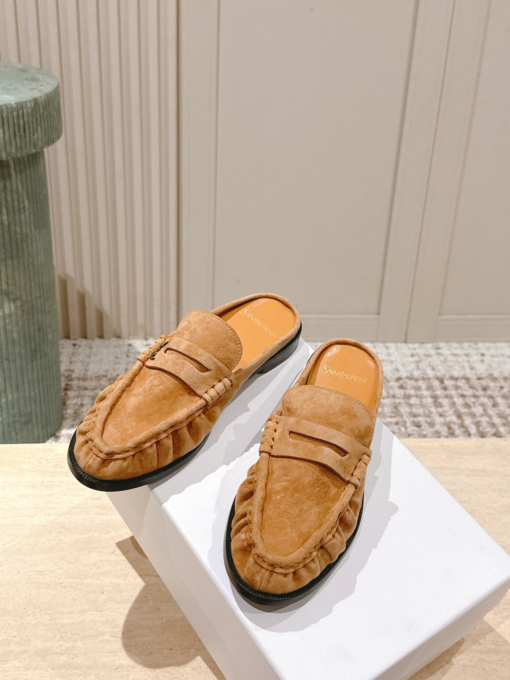 YSL 25S LOAFER MULE IN CARAMEL SUEDE