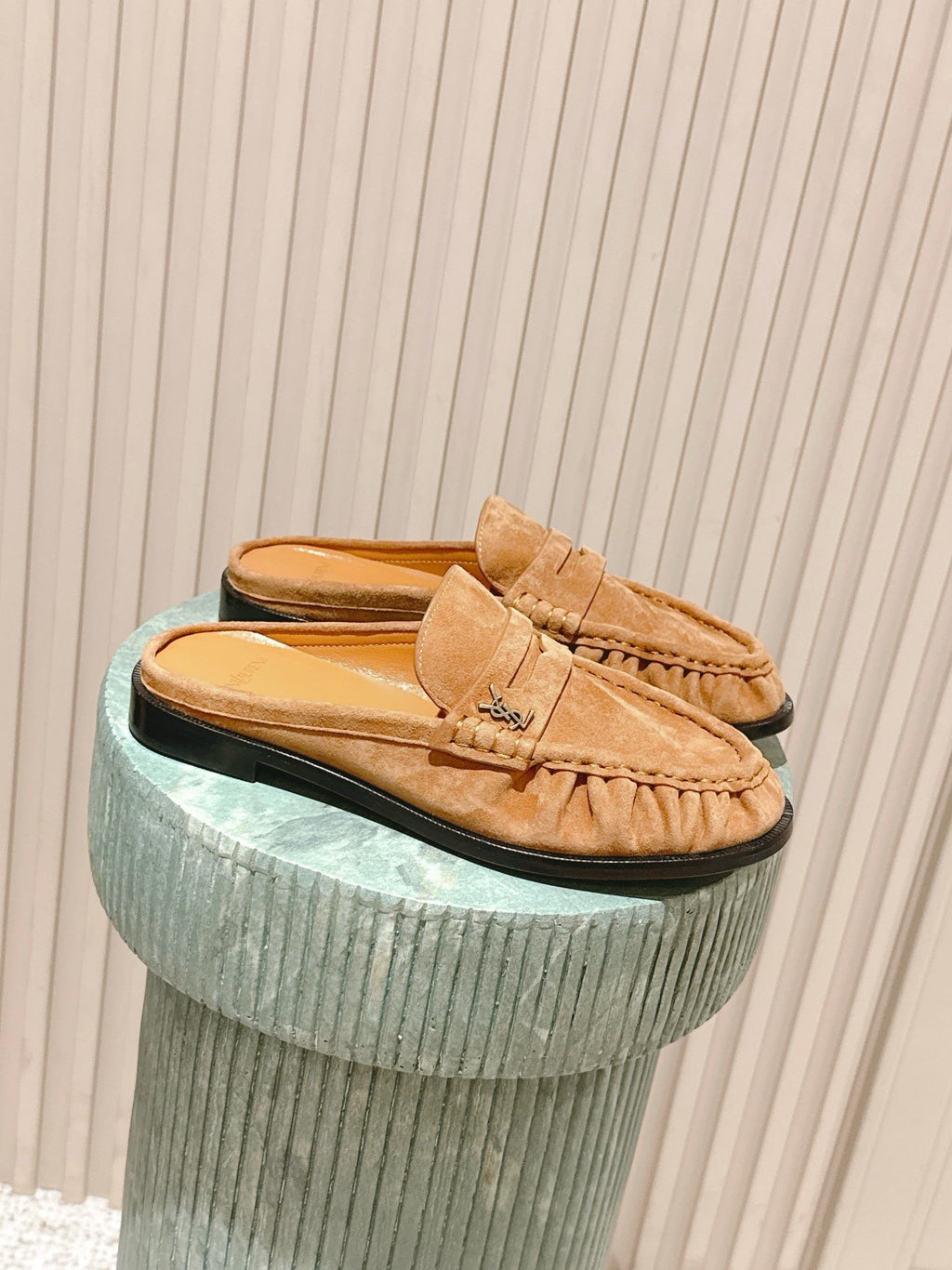 YSL 25S LOAFER MULE IN CARAMEL SUEDE