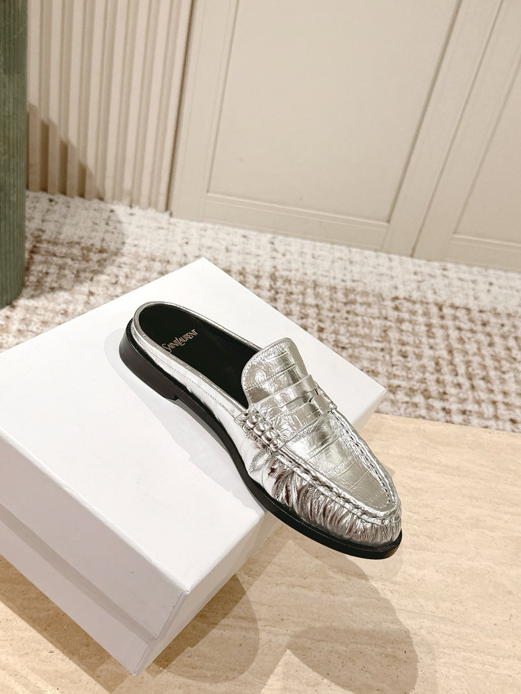 YSL 25S LOAFER MULE IN SILVER CALFSKIN
