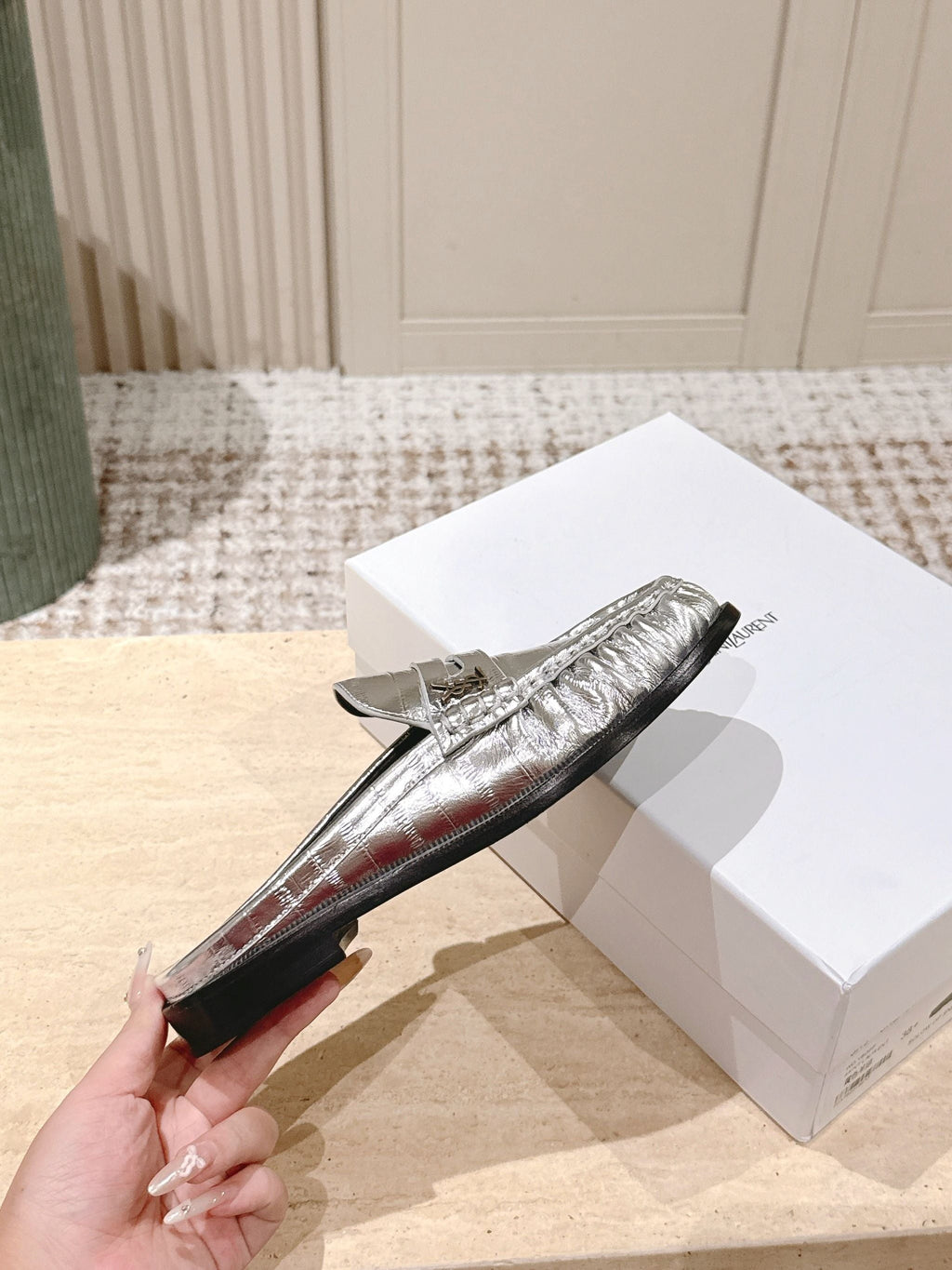 YSL 25S LOAFER MULE IN SILVER CALFSKIN