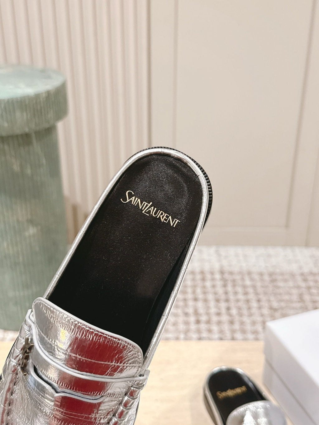 YSL 25S LOAFER MULE IN SILVER CALFSKIN