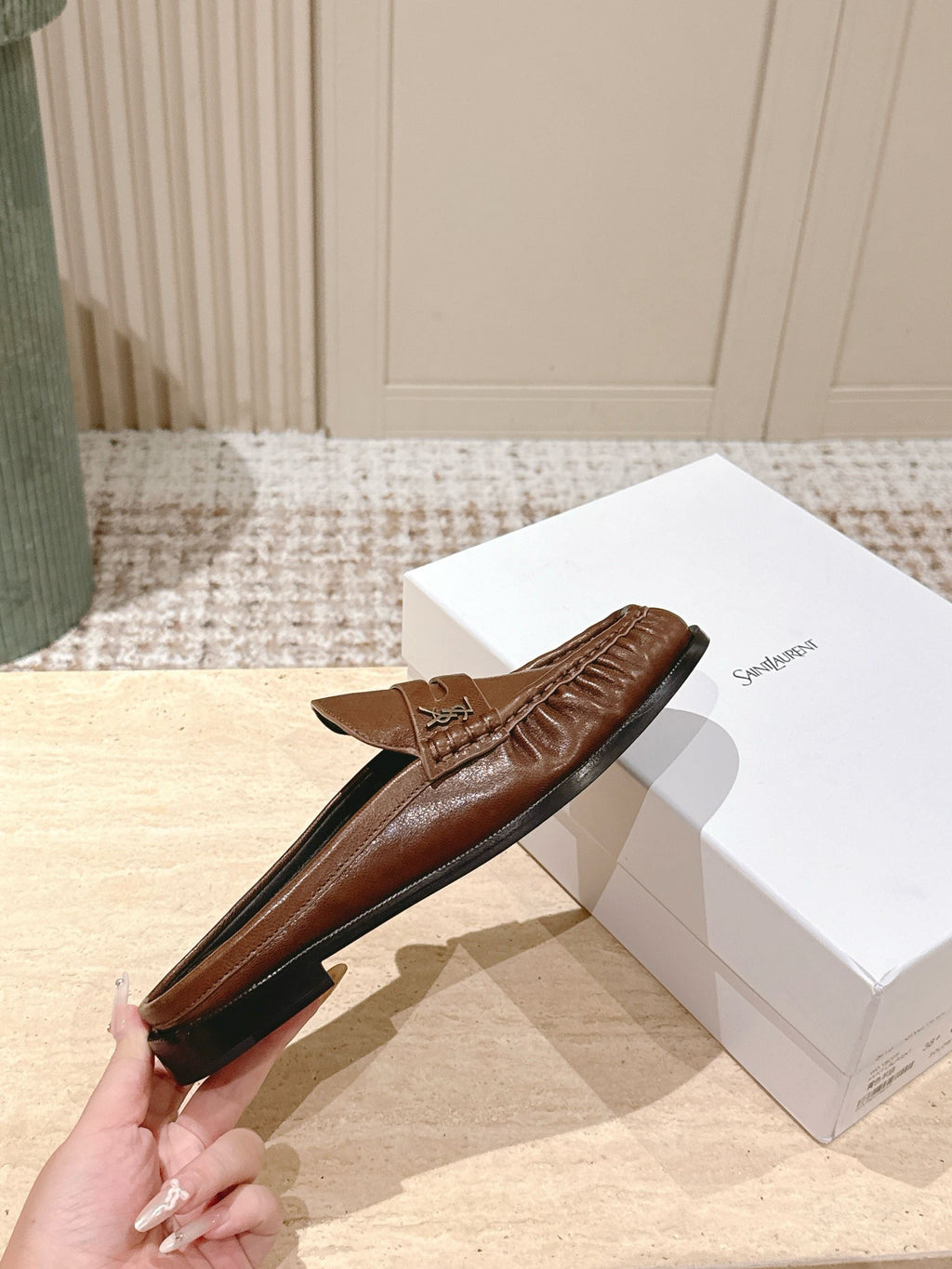 YSL 25S LOAFER MULE IN BROWN CALFSKIN