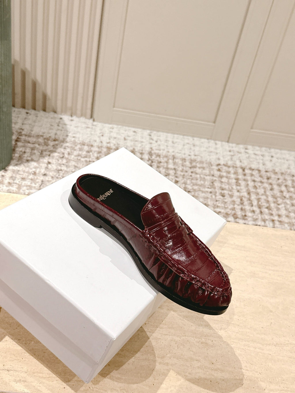 YSL 25S LOAFER MULE IN DARK RED GLOSSY CALFSKIN