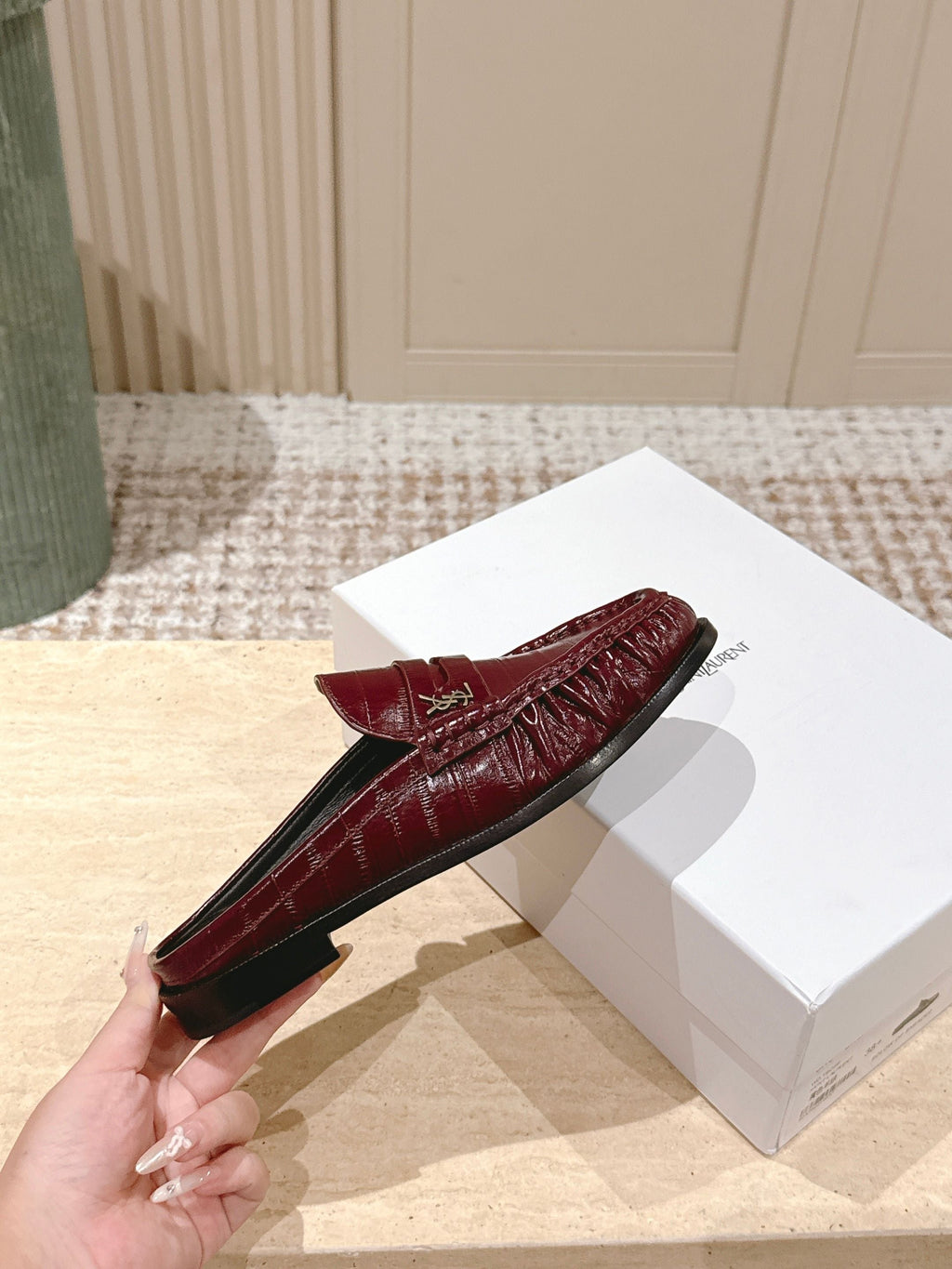 YSL 25S LOAFER MULE IN DARK RED GLOSSY CALFSKIN