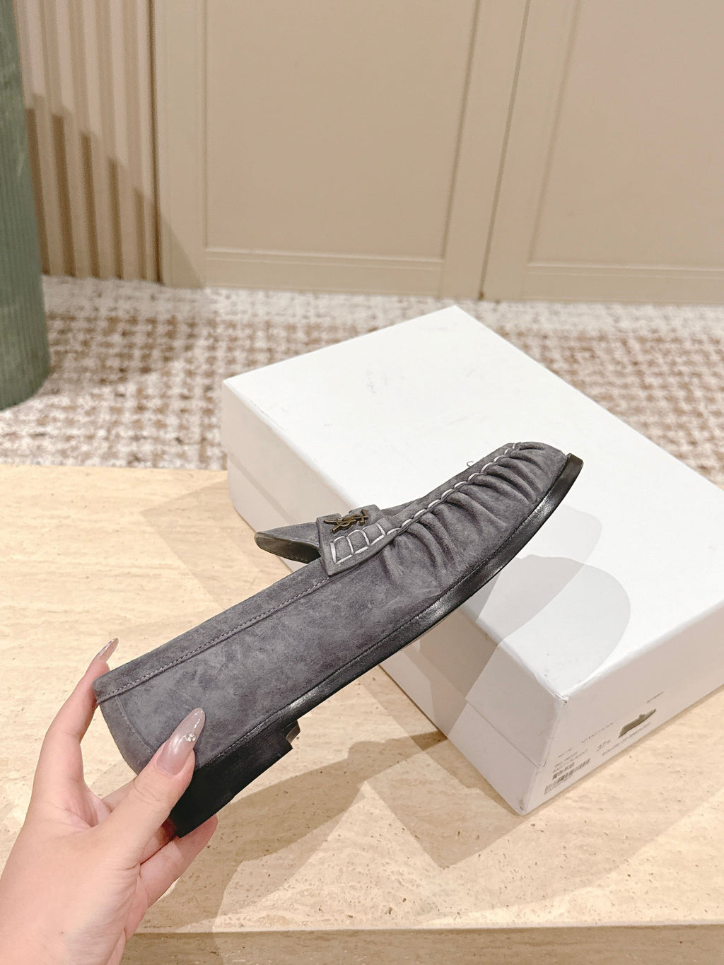 YSL 25S SAINT LAURENT LOAFERS IN GRAY SUEDE WITH SMALL LOGO