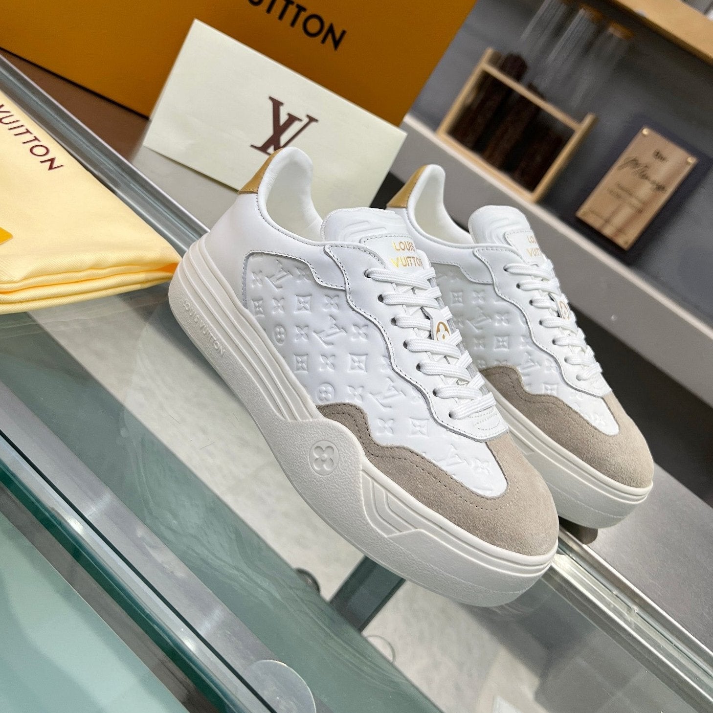 LV WOMEN GROOVY PLATFORM IN CAMEL BROWN SUEDE MIX WHITE EMBOSSED CALFSKIN