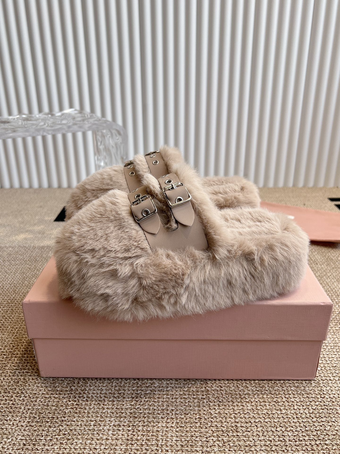 MULES IN BEIGE RABBIT FUR SILVER HARDWARE