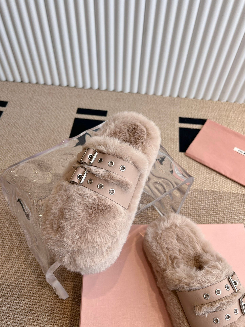 MULES IN BEIGE RABBIT FUR SILVER HARDWARE