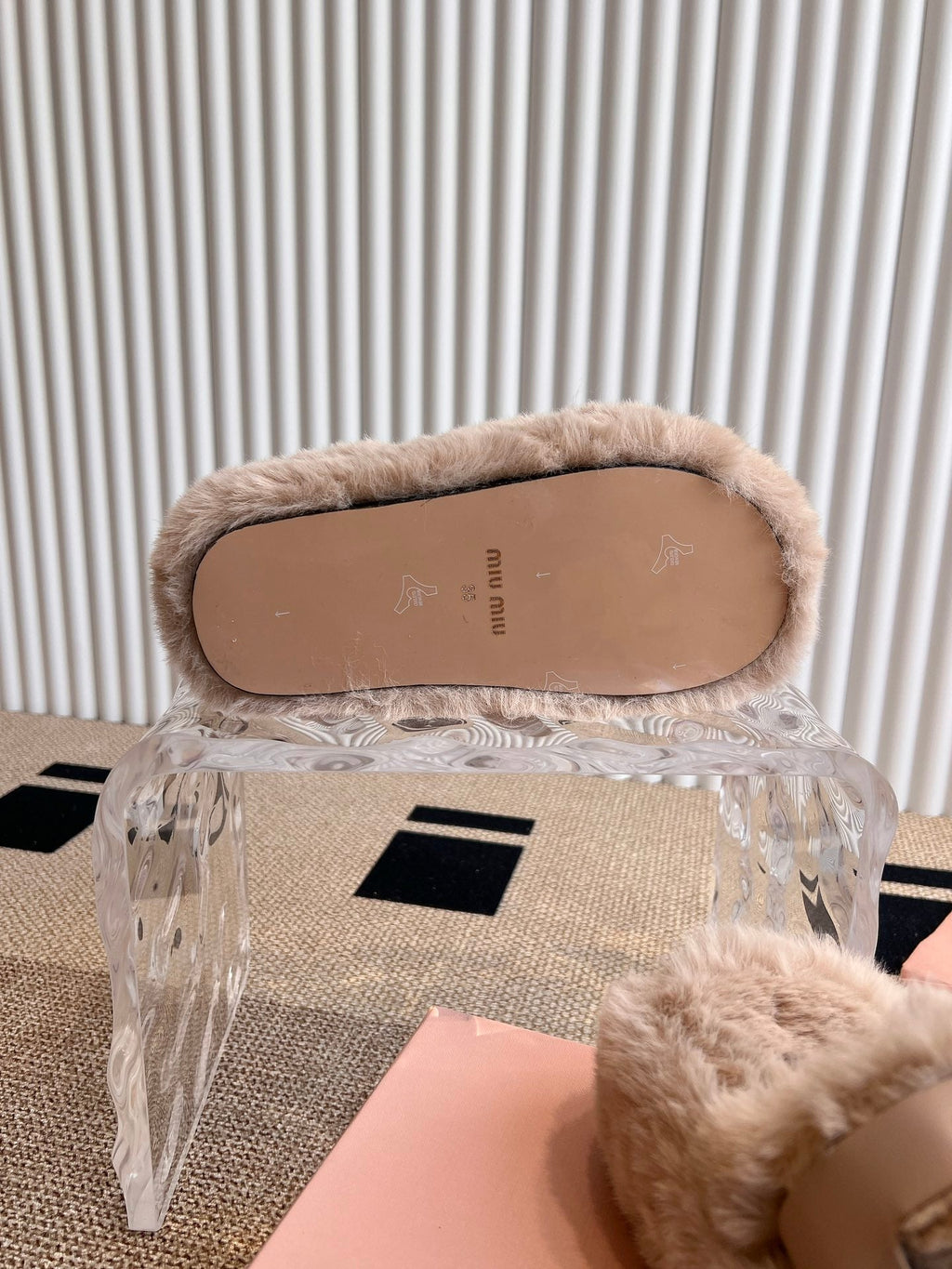 MULES IN BEIGE RABBIT FUR SILVER HARDWARE