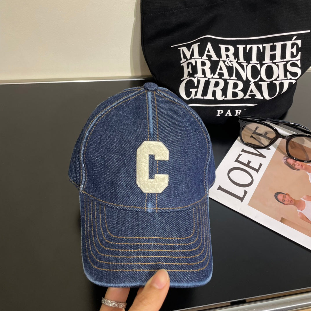 CELINE 25S BASEBALL CAP IN DENIM BLUE EMBROIDERED C LOGO
