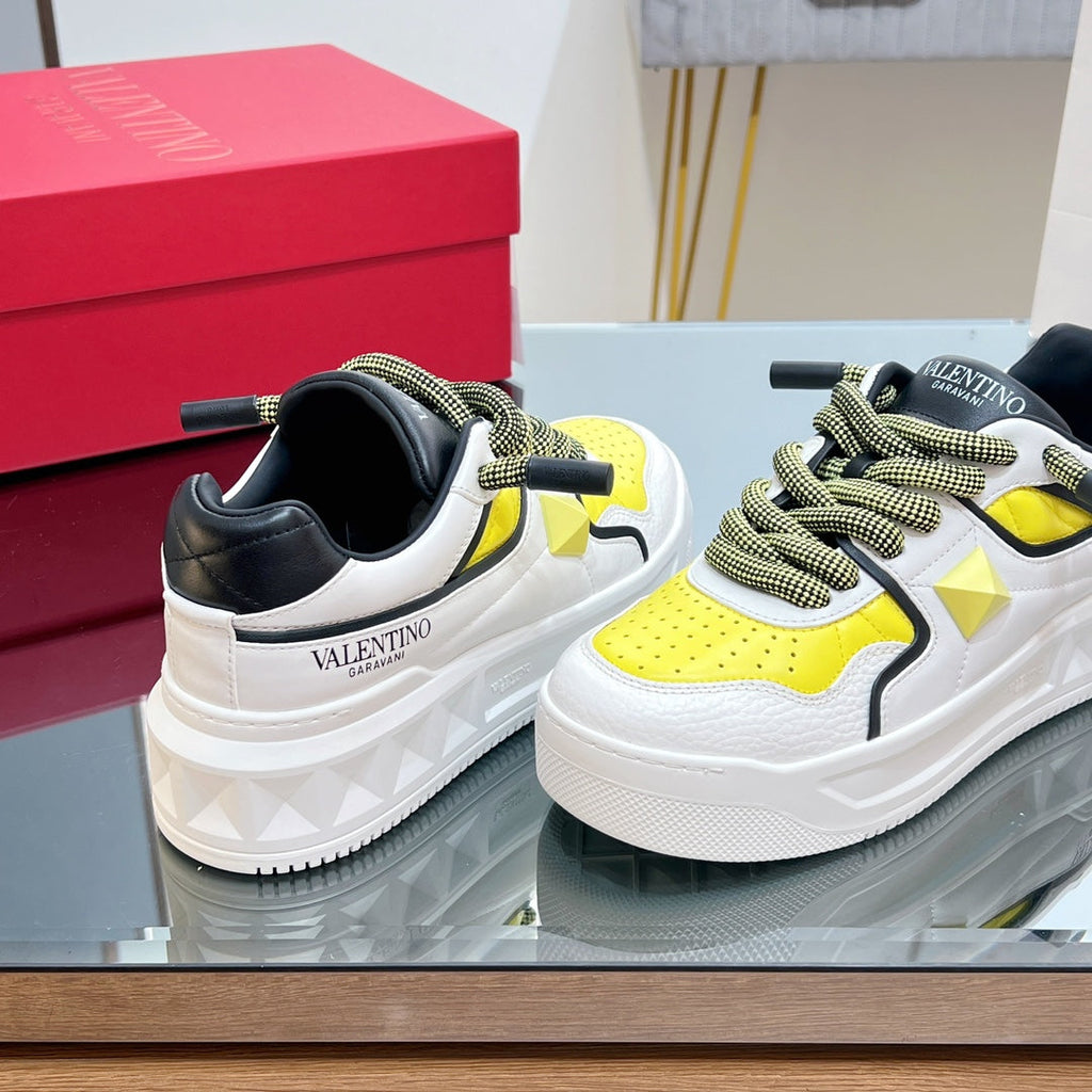 VALENTINO 25S GARAVANI ONE STUD XL PLATFORM SNEAKERS IN WHITE MIX YELLOW LAMBSKIN STYLE 5