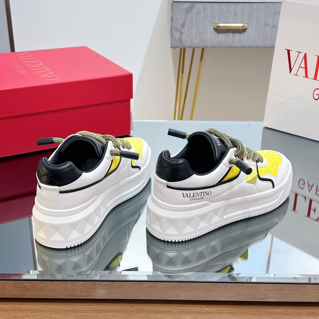 VALENTINO 25S GARAVANI ONE STUD XL PLATFORM SNEAKERS IN WHITE MIX YELLOW LAMBSKIN STYLE 5