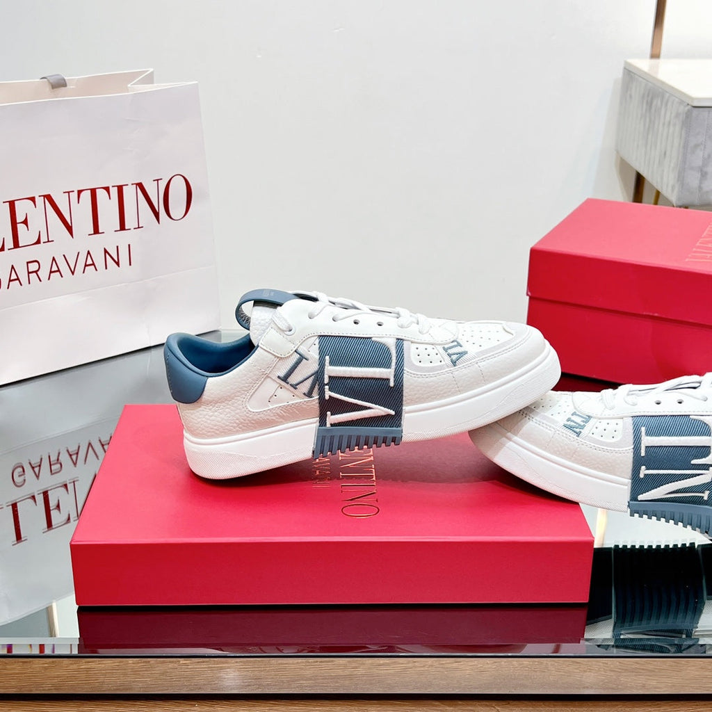 VL7N LOW-TOP WHITE CALFSKIN AND AEGEAN BLUE FABRIC SNEAKER WITH BANDS
