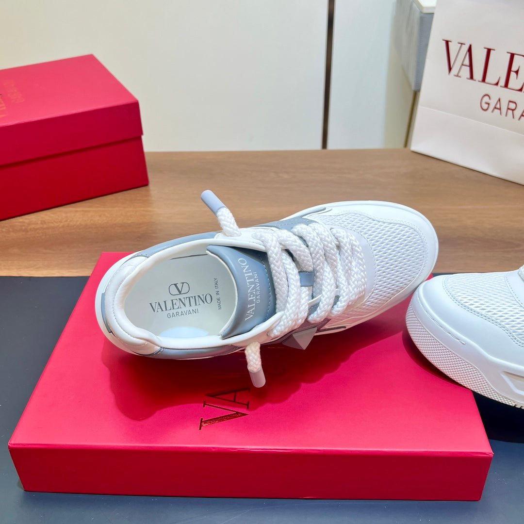 VALENTINO 25S GARAVANI ONE STUD XL PLATFORM SNEAKERS IN WHITE MIX MISTY BLUE LAMBSKIN