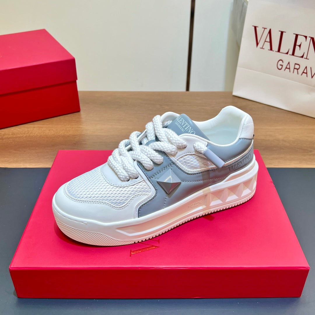 VALENTINO 25S GARAVANI ONE STUD XL PLATFORM SNEAKERS IN WHITE MIX MISTY BLUE LAMBSKIN
