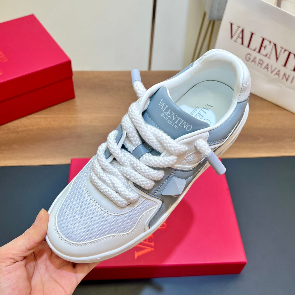 VALENTINO 25S GARAVANI ONE STUD XL PLATFORM SNEAKERS IN WHITE MIX MISTY BLUE LAMBSKIN