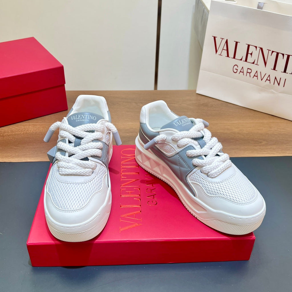 VALENTINO 25S GARAVANI ONE STUD XL PLATFORM SNEAKERS IN WHITE MIX MISTY BLUE LAMBSKIN