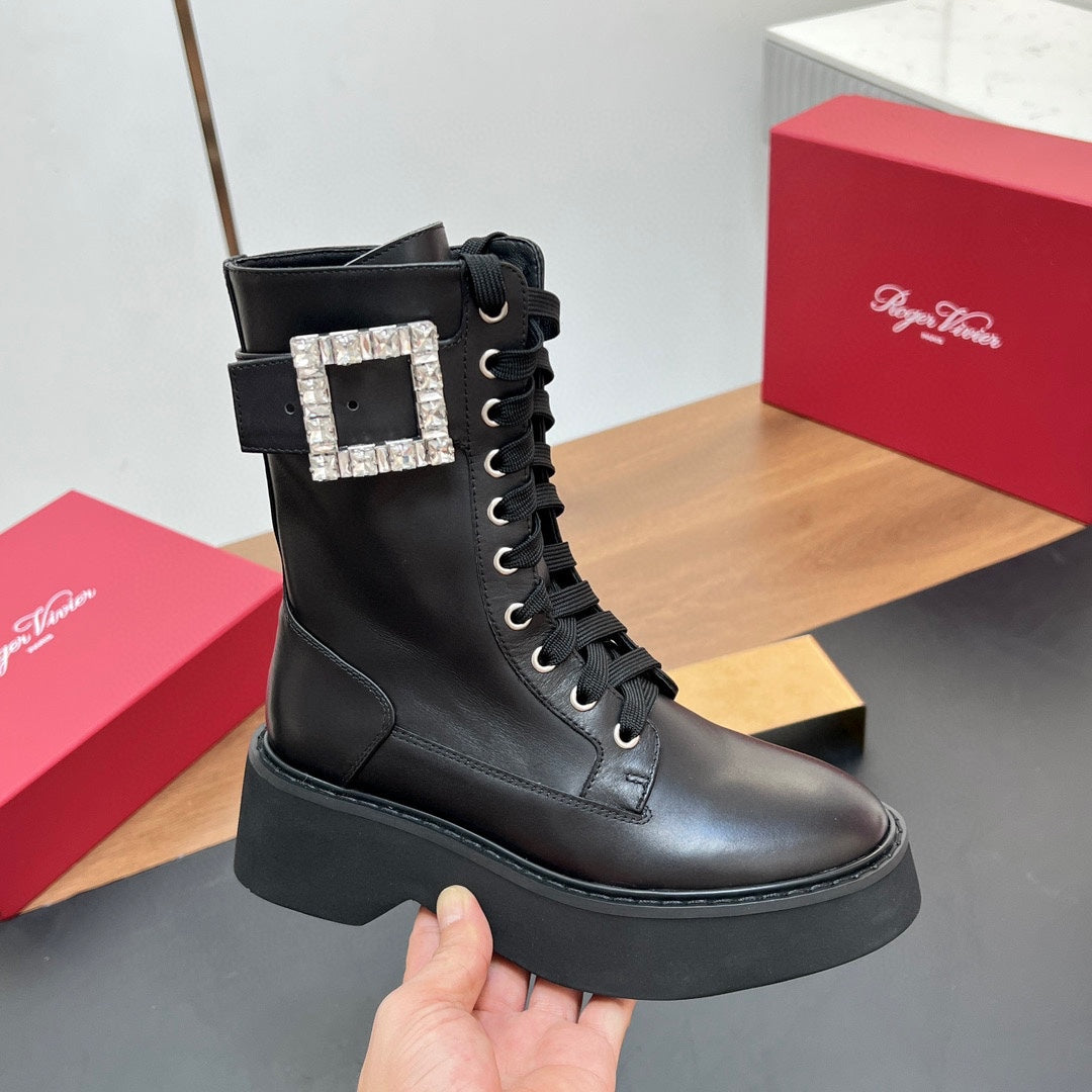 VIV' RANGERS STRASS BUCKLE BOOTS IN BLACK CALFSKIN EMBELLISHED BUCKLE