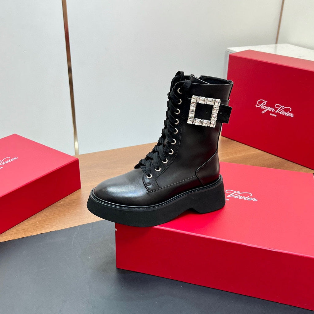 VIV' RANGERS STRASS BUCKLE BOOTS IN BLACK CALFSKIN EMBELLISHED BUCKLE