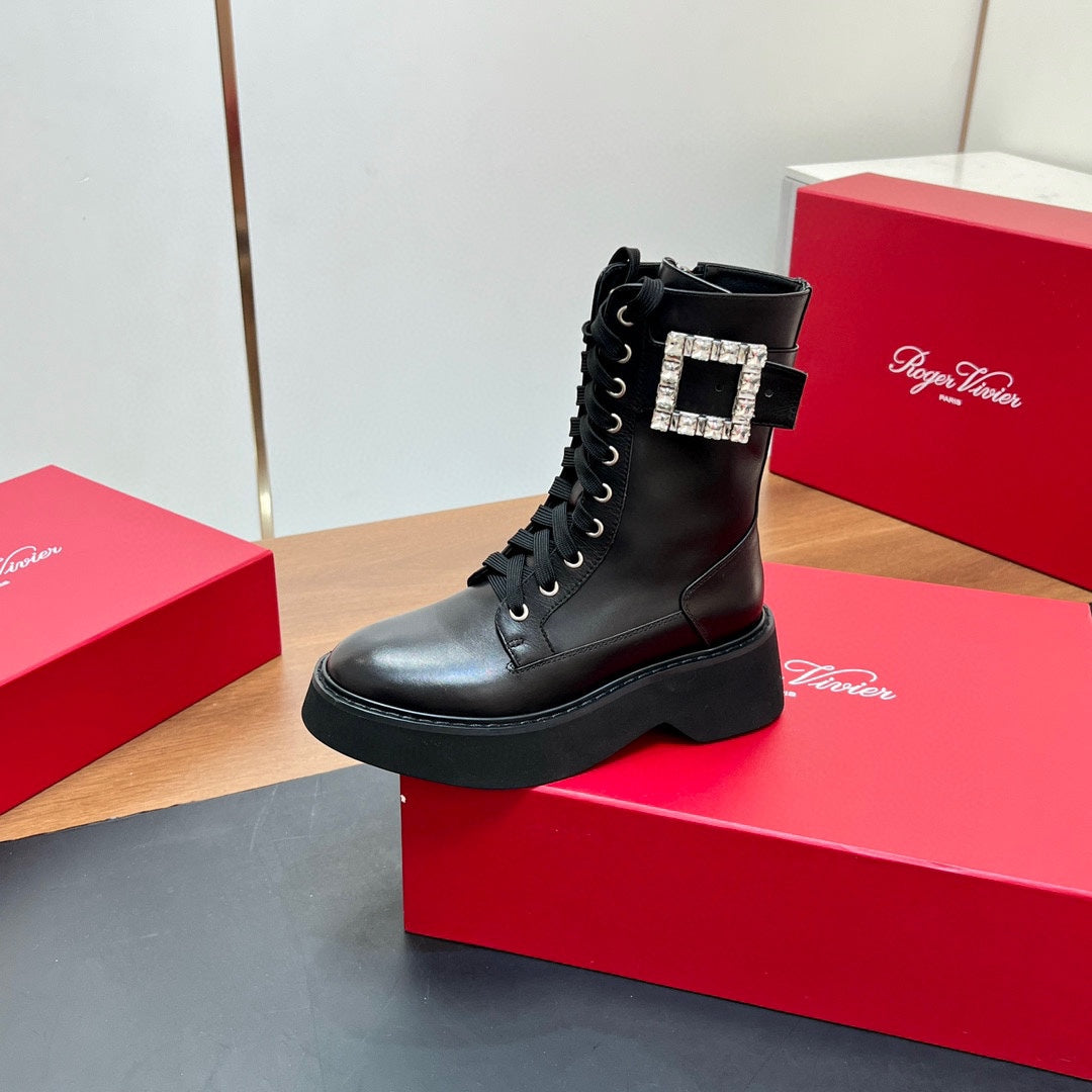 VIV' RANGERS STRASS BUCKLE BOOTS IN BLACK CALFSKIN EMBELLISHED BUCKLE