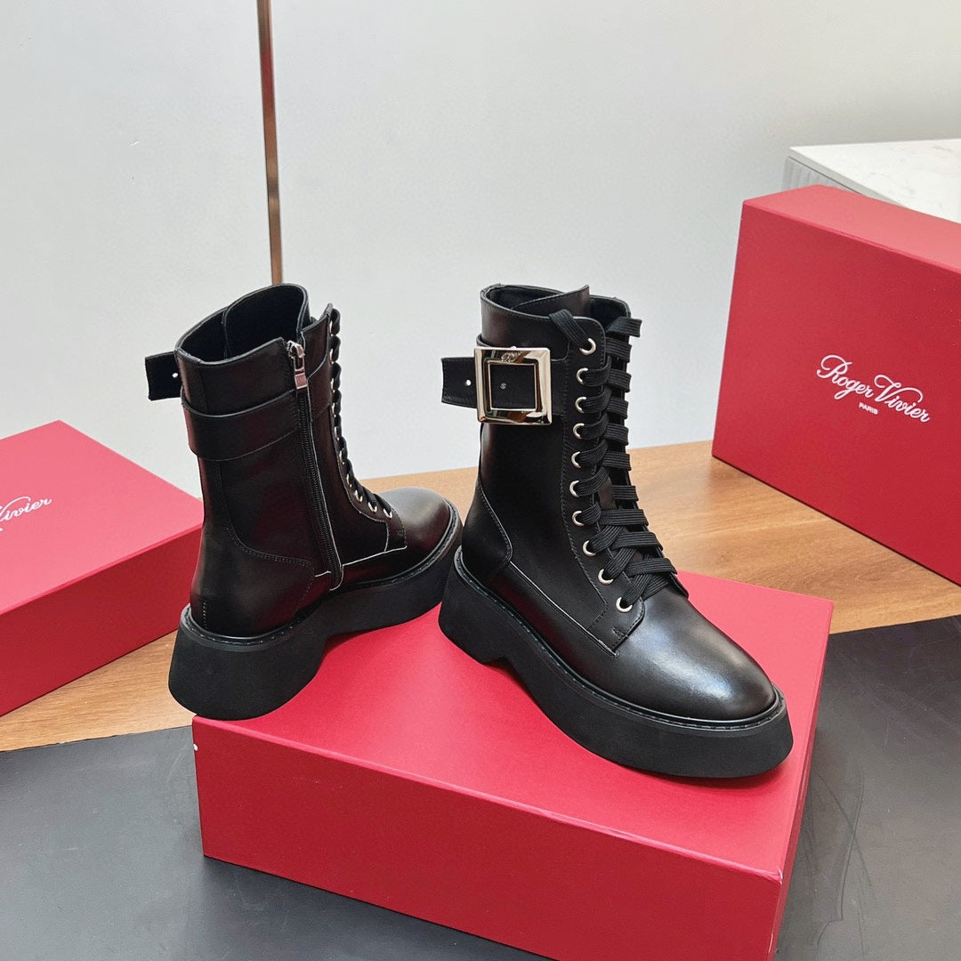 VIV' RANGERS STRASS BUCKLE BOOTS IN BLACK CALFSKIN