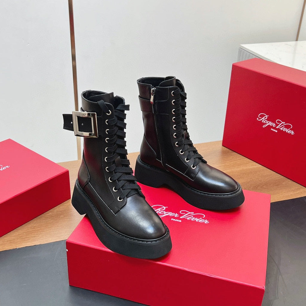 VIV' RANGERS STRASS BUCKLE BOOTS IN BLACK CALFSKIN