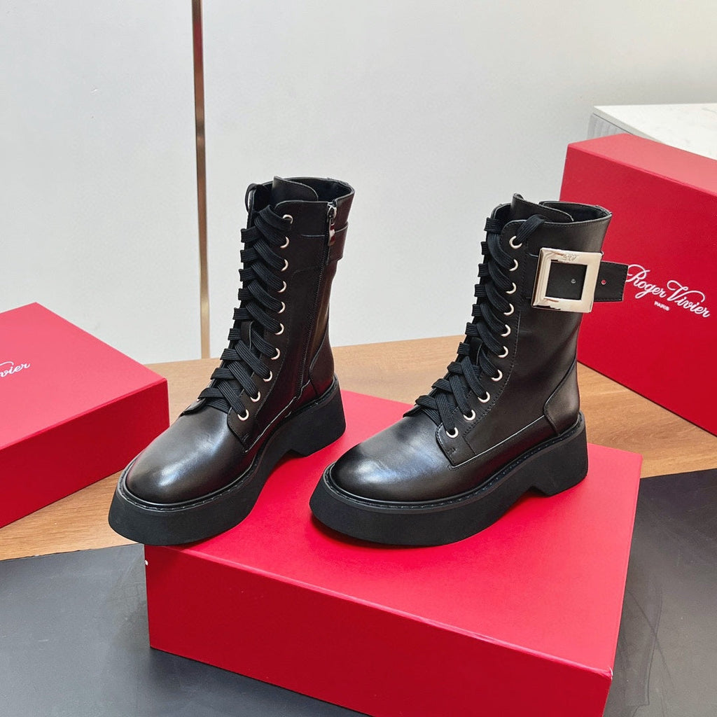 VIV' RANGERS STRASS BUCKLE BOOTS IN BLACK CALFSKIN