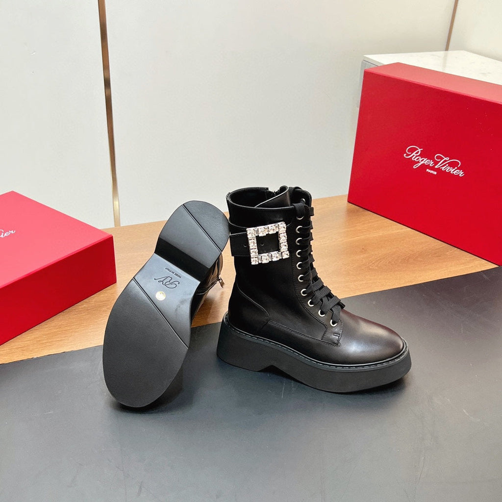 VIV' RANGERS STRASS BUCKLE BOOTS IN BLACK CALFSKIN