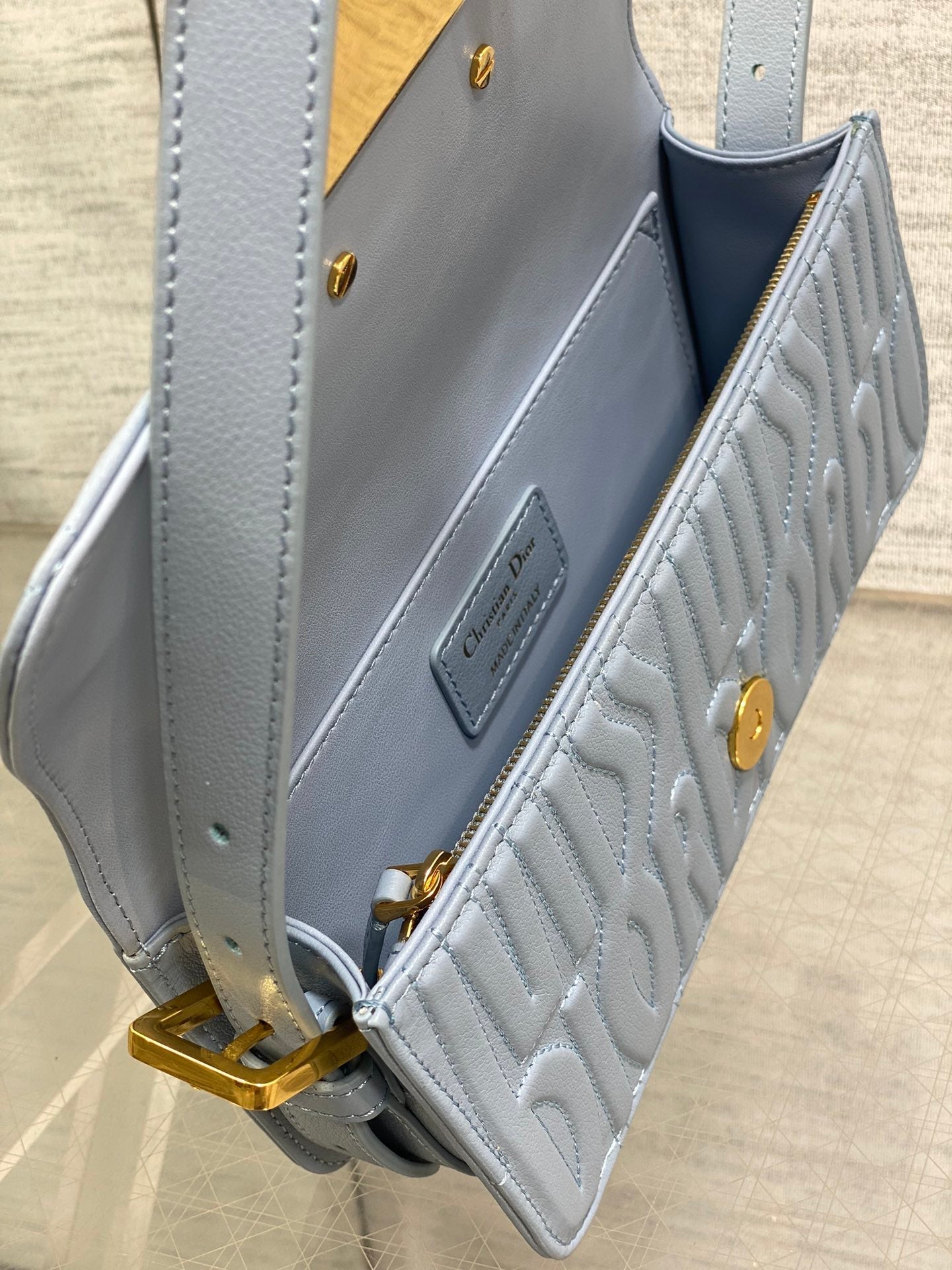 FLAP BAG 18 IN BABY BLUE QUILTED ALLOVER CALFSKIN