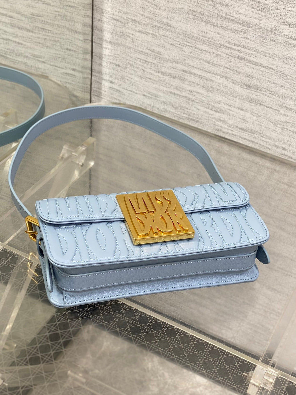 FLAP BAG 18 IN BABY BLUE QUILTED ALLOVER CALFSKIN