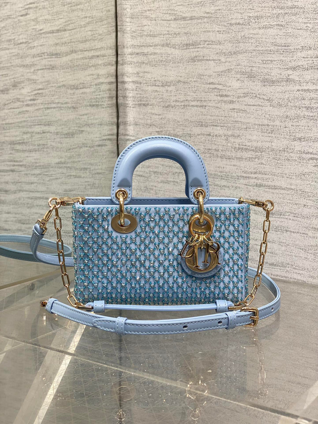 SMALL 16 LADY D-JOY BAG  IN POWDER BLUE CANNAGE LAMBSKIN WITH EMBROIDERED BEADWORK  BEADWORK