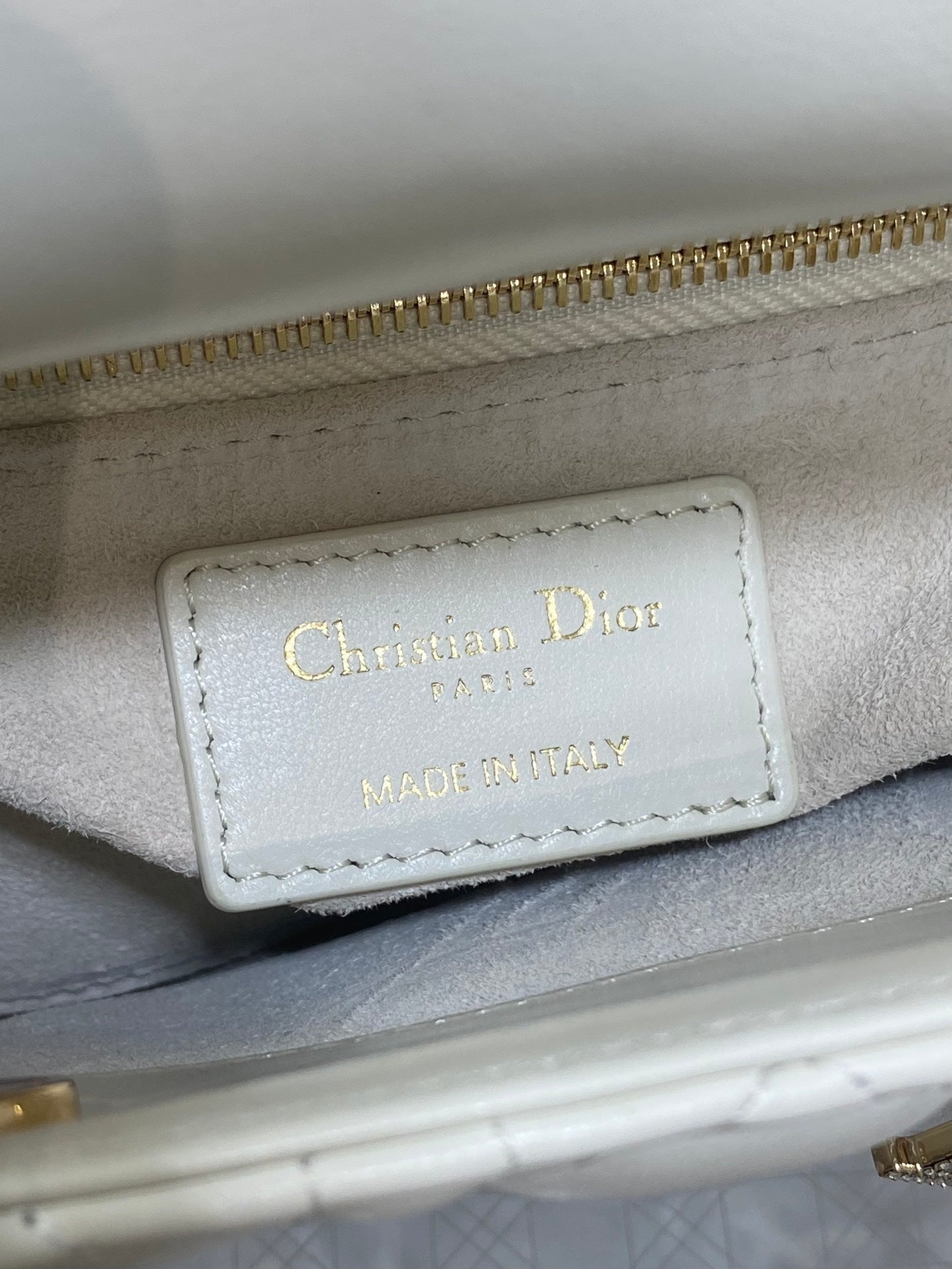 DIOR 25S MINI LADY DIOR BAG 17 IN IVORY CALFSKIN CHARM CRYSTAL EMBELLISHMENTS