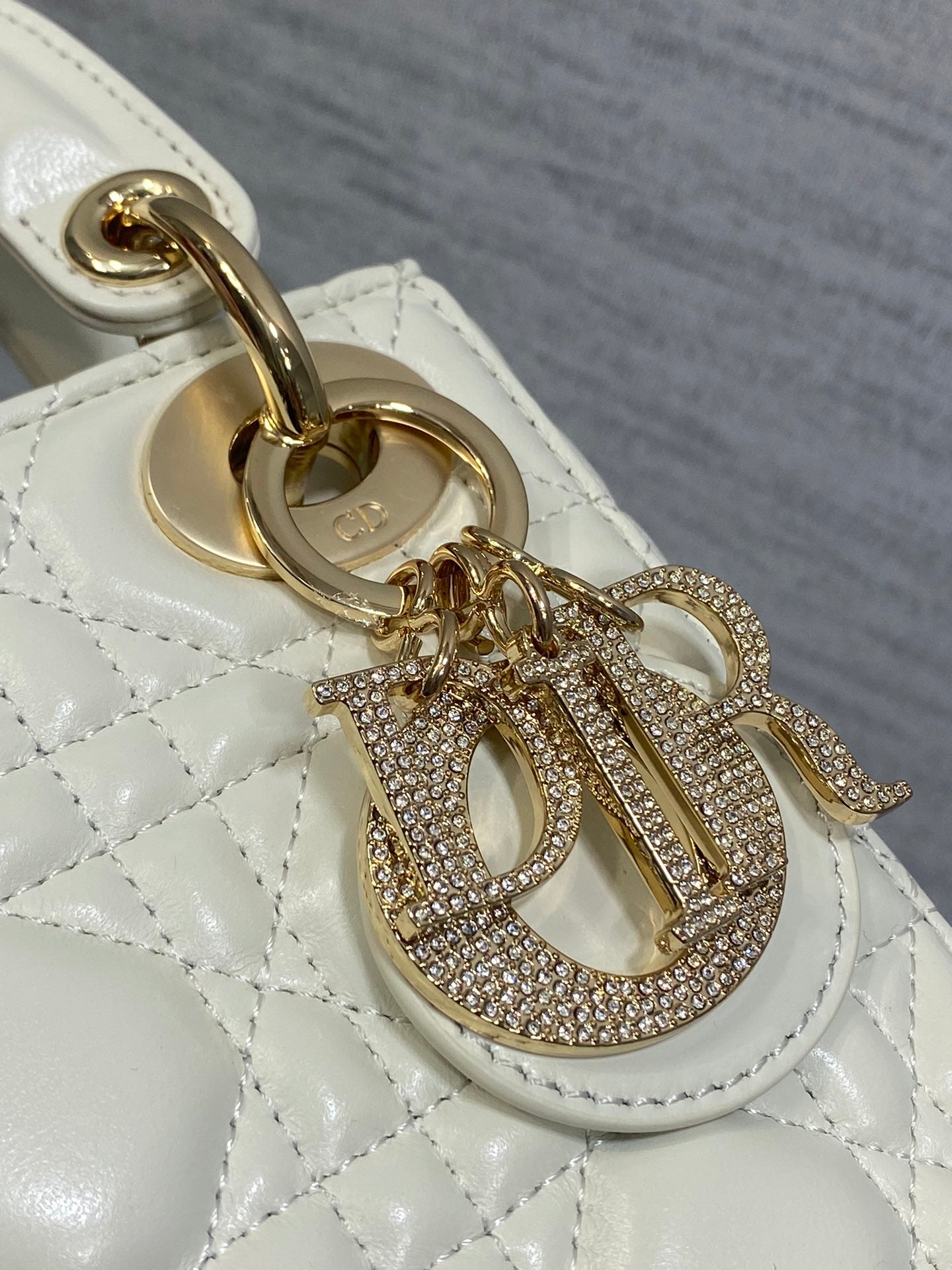 DIOR 25S MINI LADY DIOR BAG 17 IN IVORY CALFSKIN CHARM CRYSTAL EMBELLISHMENTS