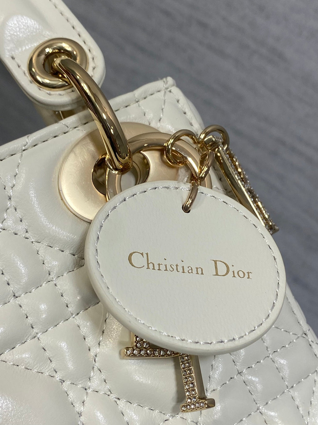 DIOR 25S MINI LADY DIOR BAG 17 IN IVORY CALFSKIN CHARM CRYSTAL EMBELLISHMENTS