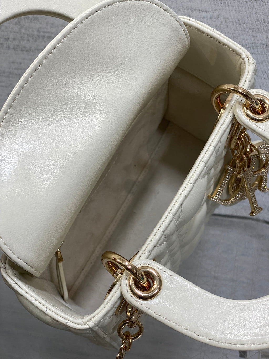 DIOR 25S MINI LADY DIOR BAG 17 IN IVORY CALFSKIN CHARM CRYSTAL EMBELLISHMENTS